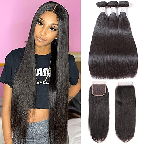 10A Brazilian Straight Hair Bundles with Closure 100% Straight Human Hair Bundles with Closure Unprocessed Virgin Hair Weave 3 Bundles with Lace Closure HD Lace 4x4 Free Part (22.24.26+20)