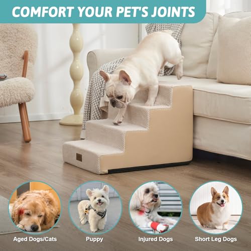 Image of COZY KISS Dog Stairs for Small Dogs, 4 Tier Pet Stairs for Couch and Beds, 17.7 inch H Non-Slip Dog Steps for Old Cats, Puppy, Small Medium Dogs, 15.7x23.6x17.7 inch, Beige