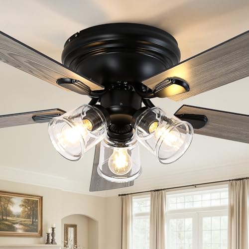 Image of 52 Inch Flush Mount Farmhouse Ceiling Fan with Lights and Remote | Rustic Fandelier Ceiling Fan, Low Profile Chandelier, 5 Dual Blade, for Bedroom Living Room, Reversible DC Motor 6 Speeds