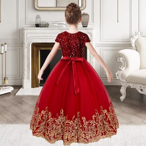 dideyttawl Girls Gold Embroidery Appliqued Puff Tulle Short Sleeves Sequins Party Dress Long Formal Flower Girls Dress2