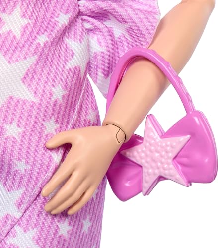 Image of Barbie Deluxe Style Doll #11 in Pink Denim Dress with Printed Stars and Matching Tights Black Hair Tied High Knot JJN71