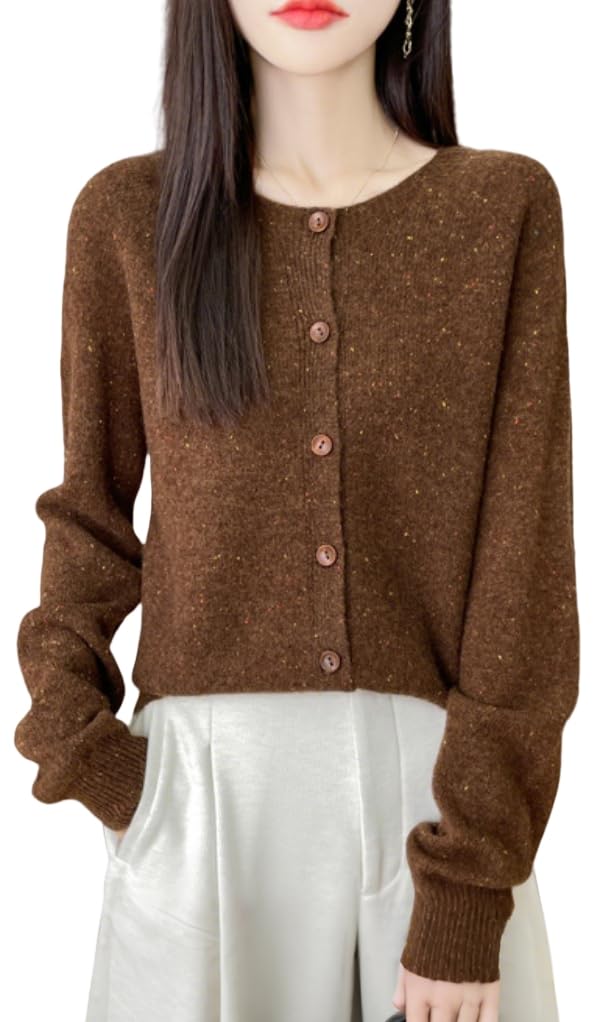 Cárdigan De Lana para Mujer Suéter De Cachemir De Cuello Redondo Manga Larga Tejido De Punto Color Liso Suave Tipo Cárdigan con Lunares Chaqueta De Punto Prenda Exterior para Otoño E Invierno