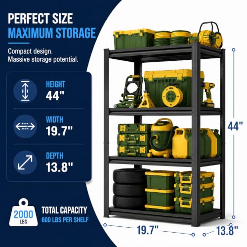 Image of Garage Shelving Heavy Duty Metal Unit 4-Tier 2000 LBS Adjustable Boltless Storage Rack, Organizer for Garage Warehouse Kitchen Basement Workshop Household Supplies, 44 inchH x 19.7 inchW x 13.8 inchD, Black
