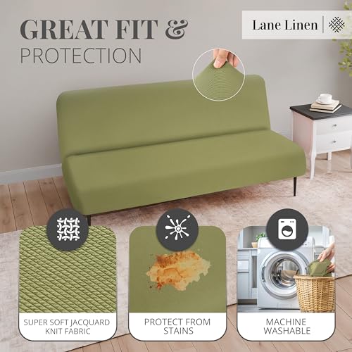 LANE LINEN Armless Futon Cover - Easy Stretchable Futon Covers Full Size, Soft Elastic Textured Fabric Sofa Bed Cover, Sofa Protector Cover for Kids, Machine Washable Couch Slipcover - Olive Green - Image 3