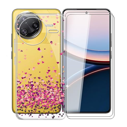 KJYFOANI para Xiaomi Poco F7 Pro Funda + 2 Piezas Cristal Templado Protector Pantalla, Transparente Anti-Arañazos Silicona TPU Case Bumper Suave Carcasa para Xiaomi Poco F7 Pro (6.67') - Amor Rosa