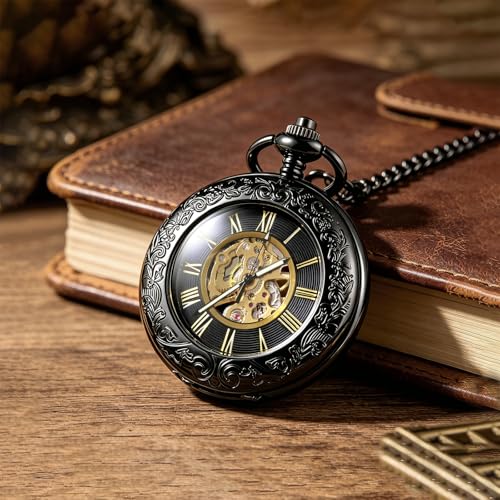 Image of TREEWETO Mechanical Pocket Watch Magnifier Case Steampunk Skeleton Roman Numerals Dial for Men Women