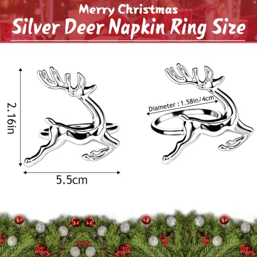 Image of Legigo Set of 8 Christmas Deer Napkin Rings Set- Silver Deer Xmas Napkin Ring Holders for Cloth Napkins, Christmas Holiday Party Dinner Table Decoration