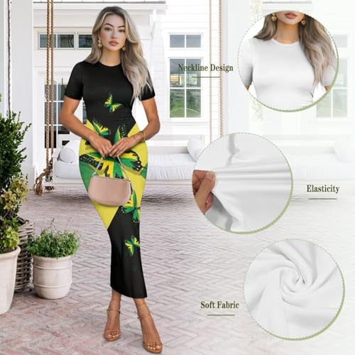 Image of Womens Short Sleeve Jamaican Flag Midi Bodycon Dress