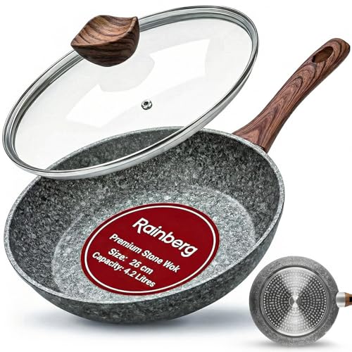 Rainberg 26CM Frying Pan with Lid, Granite Nonstick Frying Pans with Lid, Stone Frying Pan, Induction Compatible (26CM)