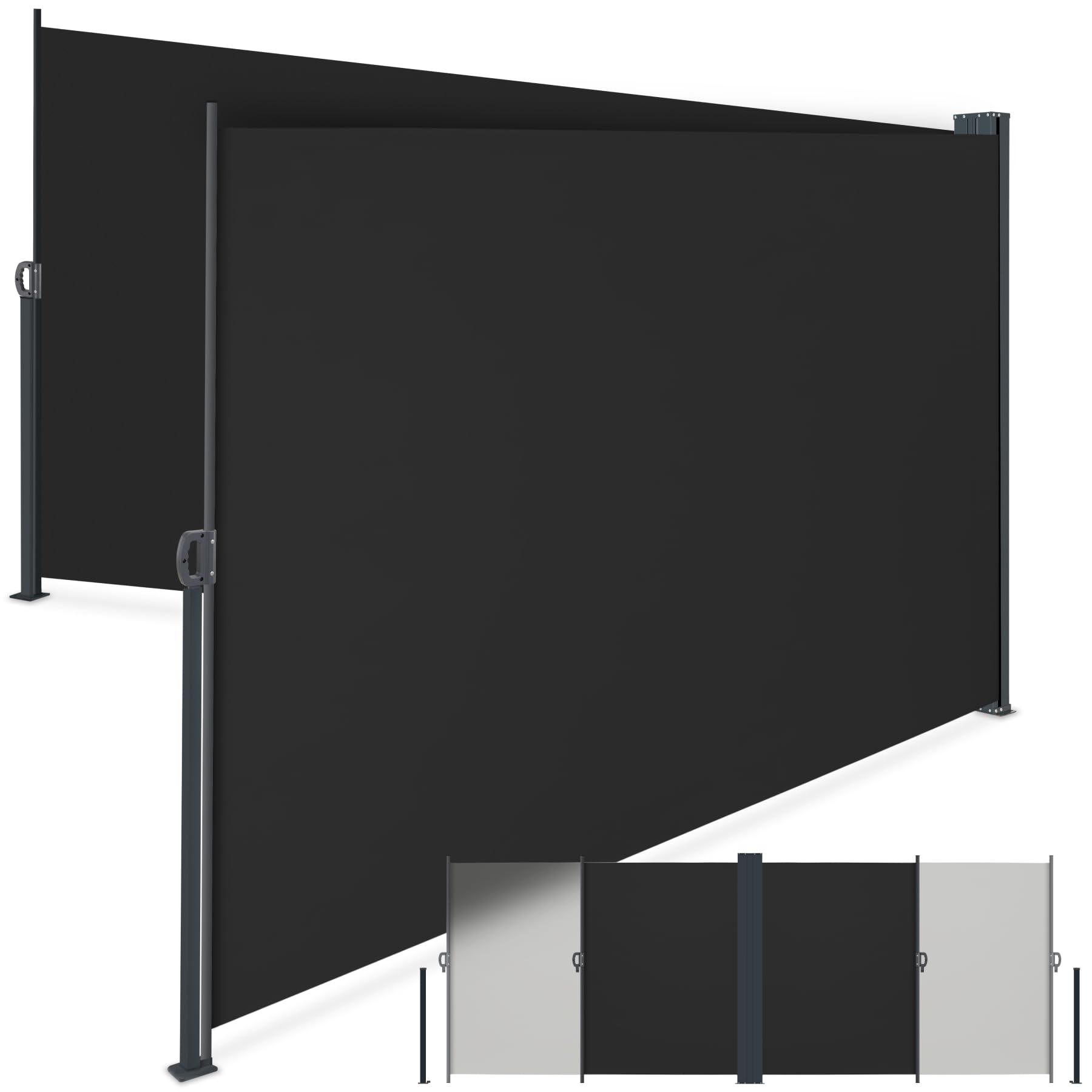 tectake® Doppel-Seitenmarkise, 200 x 600 cm, wetterfest, ausziehbar, Blickdicht, Schutz vor Sonne und Wind, Seitenrollo, Außenbeschattung, Windschutzrollo, Sichtschutz Seitenmarkise - schwarz