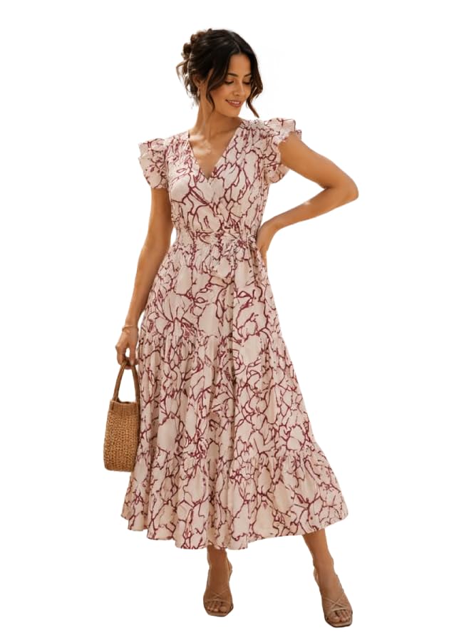 Women's Cotton Maxi Dress | Wrap Style V-Neck Ruffle Sleeve Western Dress | Tie-Waist Casual Long Gown | Printed Frock for Women-picture-42
