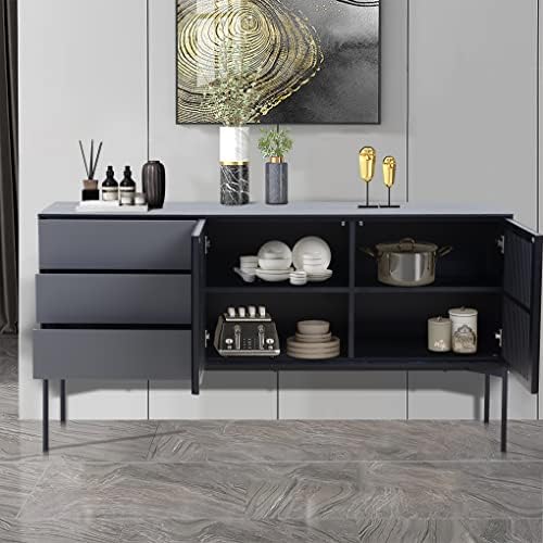 LyuHome Black Wood Cabinet Modern Sideboard Buffet Cabinet with Drawers and Louvered Doors for Kitchen/Farmhouse/Dining Room/Living Room (Black & Grey