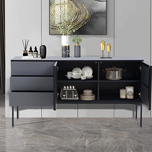 Lyuhome Black Wood Cabinet Modern Sideboard Buffet Cabinet With Drawers And Louvered Doors For Kitchen/Farmhouse/Dining Room/Living Room (Black & Grey #TOP30