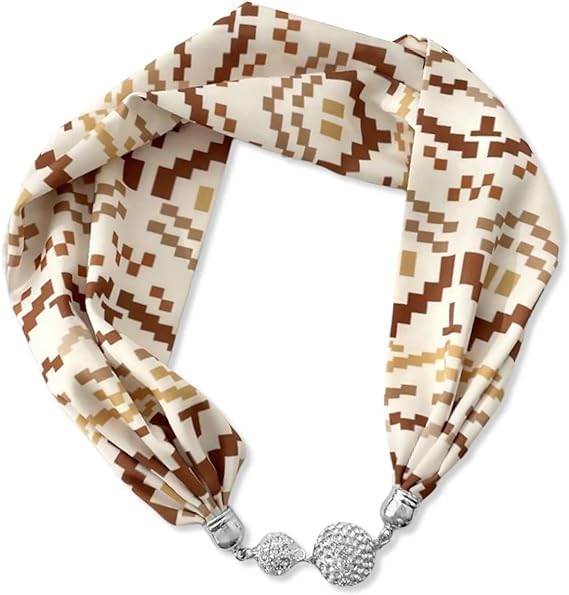 Women Silk Scarf Necklace Magnetic Buckle with Rhinestone Small Neckerchief Clavicle Chain Headdress Pendant Scarf (Brown Pixel)-image-43