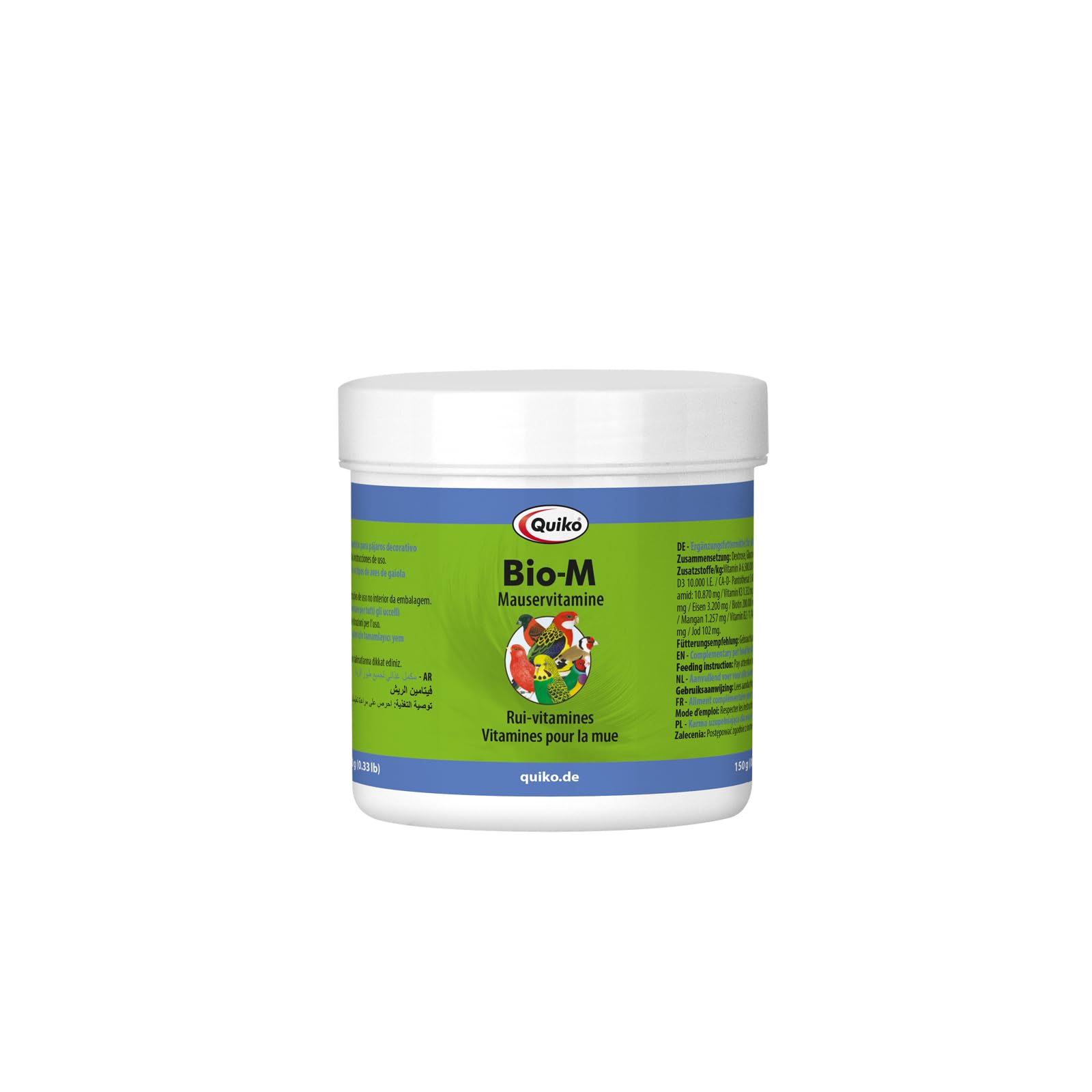 Quiko Bio-M Moult Vitamin 150g - Highly concentrated vitamin combination - supports uncomplicated moulting, influences the skin-feather factor - optimal feather development