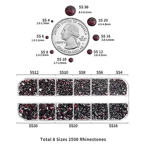 Image of Beadsland Rhinestones for Makeup,8 Sizes 2500pcs Burgundy Flatback Rhinestones Face Gems for Nails Crafts with Tweezers and Wax Pencil,Amethyst,SS4-SS30