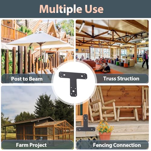 12 Pack Heavy Duty T Brackets for Wood, Premium Powder Coated Flat Post and Beam Tie Plate, 6.5" x 5.7" (0.15" Thick) Rust Resistant Mending Plate for Pergola, Truss, Timber Framing, Matte Black by JIOU JIA - Image 6