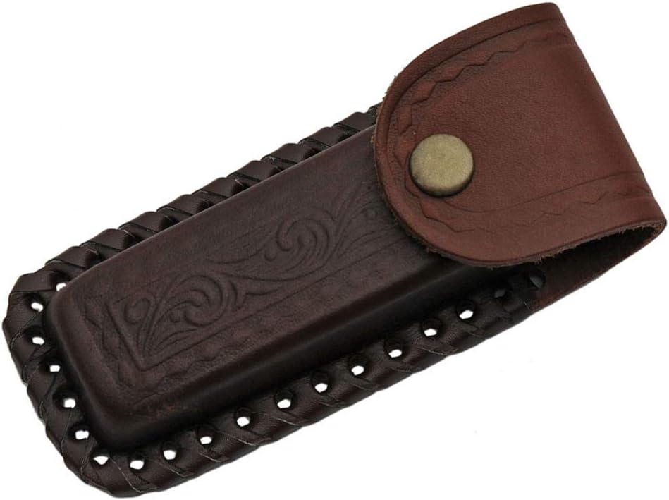 SANZ Damascus Folding Knife 5 Inch Lockback – Stag Handle Pocket Knife with Leather Sheath, Stainless Steel Bolsters, Razor Sharp Blade for Hunting, Camping, EDC, and Everyday Carry – Pocket Knife for Men & Women