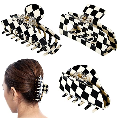 3 Piece Vintage Large Claw Clips Checkered Hair Clip Black and White Lattice Hair Barrettes Pin Teeth Clamp Jumbo Big Jaw Clip for Women Girl Fine Thick Thin Curly Straight Long Hair (Cute Style)