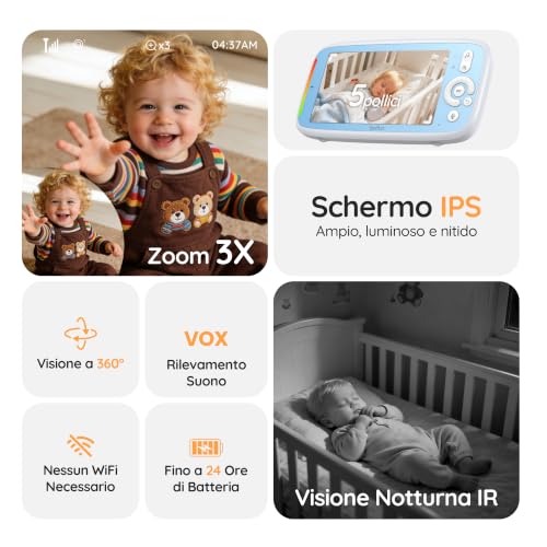 Seconda immagine Boifun Baby Monitor con Telecamera Rotante 360° HD, Schermo IPS 5”, Audio Bidirezionale, Rilevamento Temperatura, Batteria 3050mAh, Zoom 3X, Visione Notturna,Modalità VOX, Ninne Nanne per Neonati