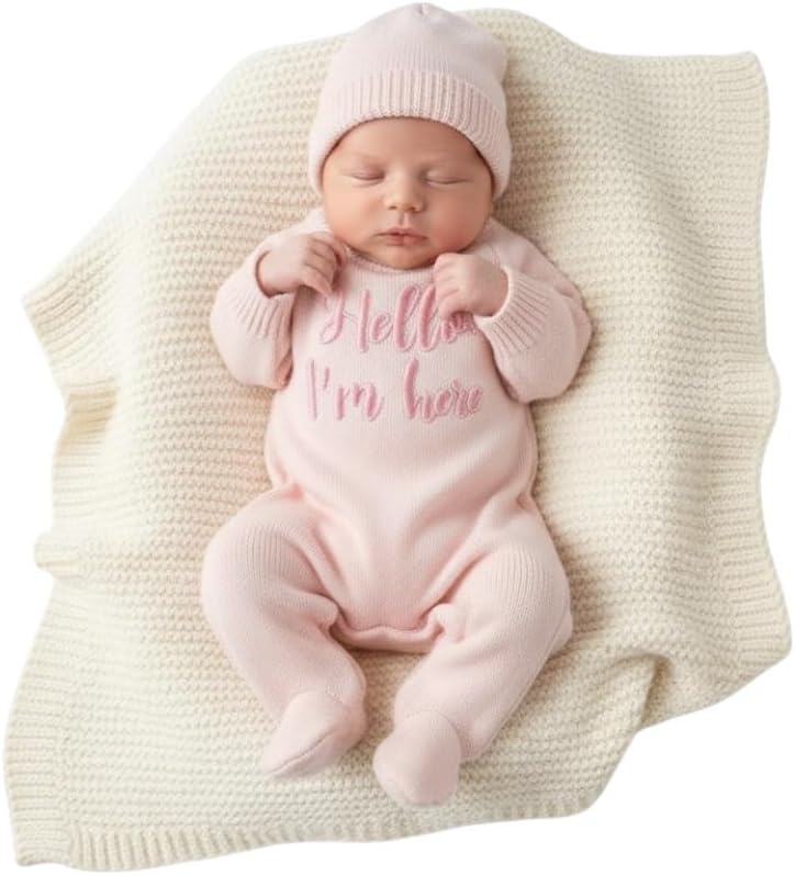 Baby Footed Jumpsuit & Hat 2 Piece, Long Sleeve Knitted Design, Photography Sets