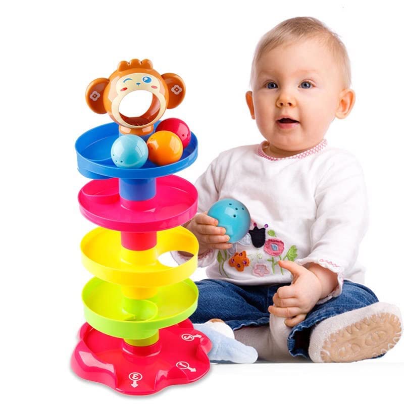 5 Layer Ball Drop and Roll Swirling Tower for Toddler|3 Puzzle Rattle Balls Monkey Face at The Top|Non Toxic Material by wonderblue