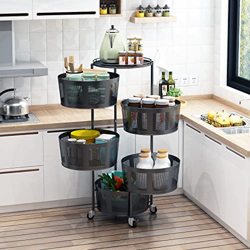 Rotating Baskets Storage Rack Round Black Kitchen 5 Tier Rolling Cart With Wheels Fruit Vegetable Baskets Organizer Stand For Bathroom,Bedroom #TOP3