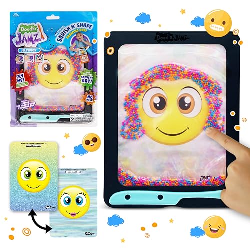 DoodleJamz JellyPics - Sensory Drawing Pads Filled with Non-Toxic Squishy Beads and Gel – Includes Stylus, Removable 2-Sided Emoji Backer Card (Blue, Pink, Orange Beads)