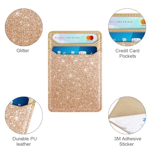Image of Self Adhesive Card Holders for Back of Phone, Leather RFID Phone Wallet Pockets Stick On, Credit Card Holders Sleeve for Phone Case Compatible with Most of Smartphones, Glitter Gold
