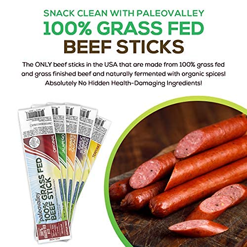 Paleovalley 100% Grass Fed Beef Sticks - Jalapeno - Organic And Gluten Free Paleo And Keto Protein Snacks With Probiotics - Shelf Stable Pantry Staples - Made In The Usa #TOP2
