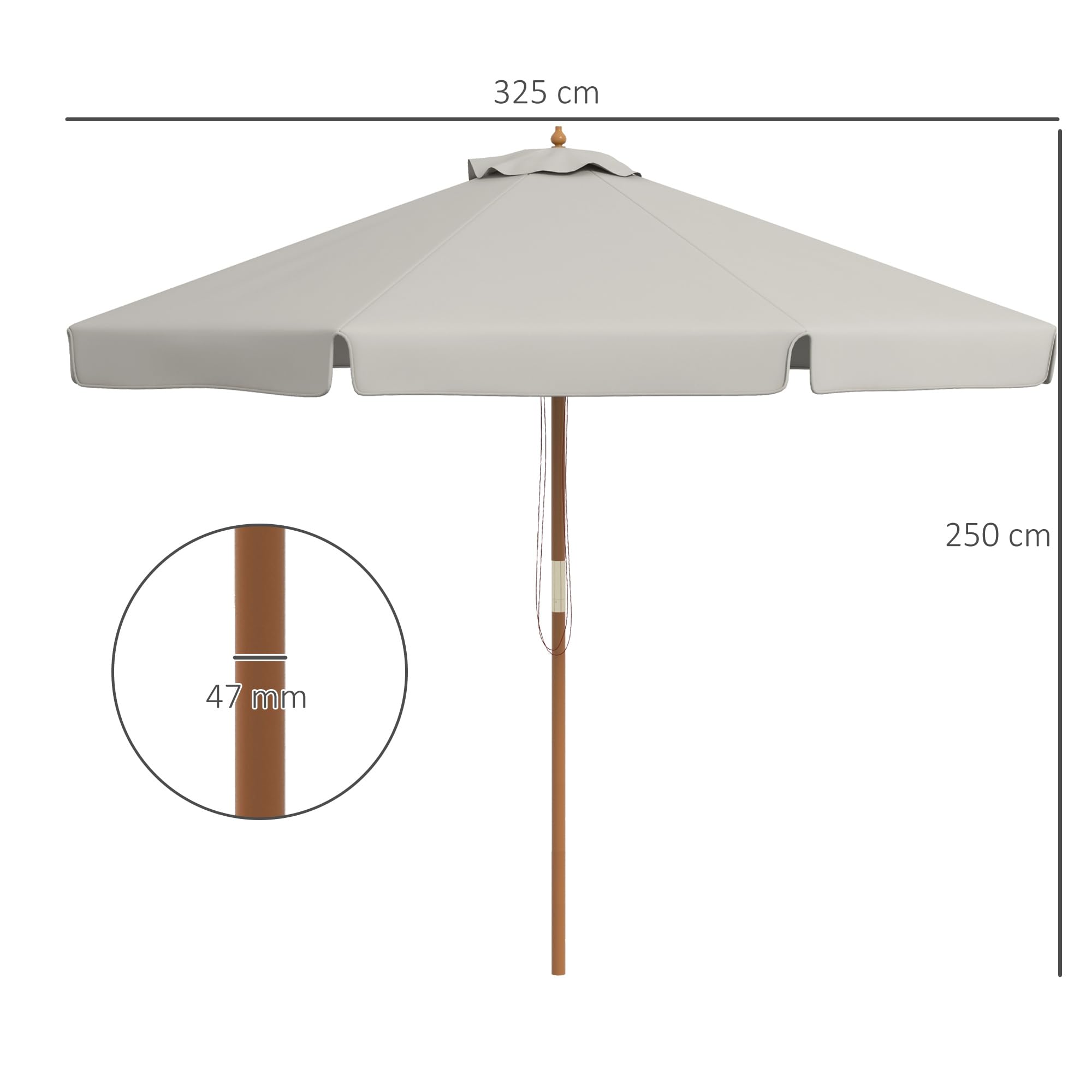 Outsunny Sombrilla Terraza Exterior Ø325 cm Sombrilla de Jardín con Sistema de Polea Techo Ventilado 8 Varillas de Bambú y Poste de Madera Parasol para Patio Terraza