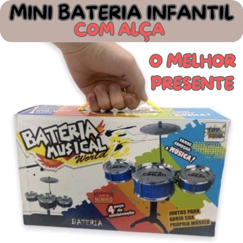 MINI BATERIA MUSICAL 4 PÇS EDUCATIVO BRINQUEDO 3 TAMBORES + 1 PRATO + 2 BAQUETAS + SUPORTE INTERATIV