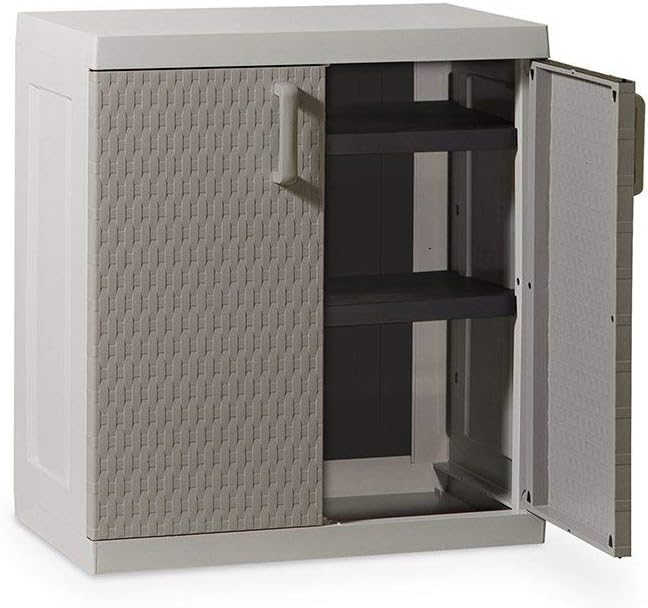 Toomax TUTTOPIANI Basso Rattan Mega Cabinet with one door open, showing two adjustable shelves inside.