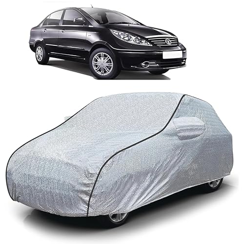Image of Sulfar 100% Waterproof Car Body Cover Compatible with Mirror for Tata Manza (Triple Stitched, Full Bottom Elastic, Magic Silver with Black Piping)