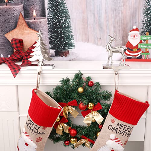 Set of 2 Tree Christmas Stocking Holder for Mantle Reindeer Stocking Hanger Set- Metal Silver Stocking Hooks for Fireplace Mantel Holder for Stocking Xmas Holiday Decor (S-Tree Reindeer, 2)