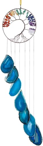 rockcloud Campanillas de viento colgantes de 7 chakras del árbol de la vida con rodajas de ágata colgantes, adorno colgante de ventanas para