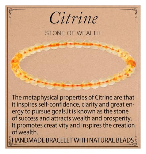 QOGIR Citrine Bracelet - Stone of Wealth Bracelet for Women Men - Handmade Natural Gem Stone Beaded Stretch Elastic Healing Bracelets 4mm