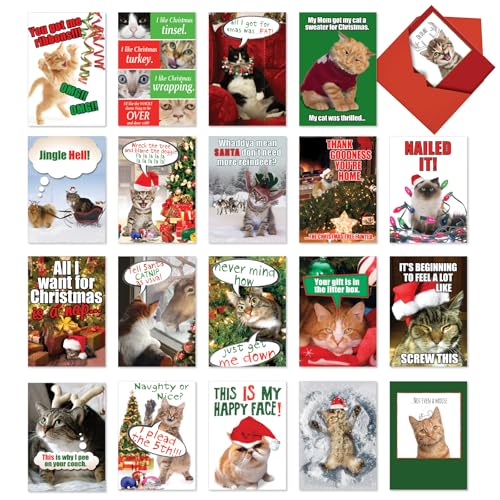 NobleWorks 20 アソートボックスセット 面白いクリスマスグリーティングカード 5 x 7インチの封筒付き (20デザイン各1枚) クリスマスキティコレクション AC6668XSG-B1x20
