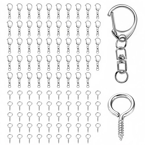 [RISOUHE]キーホルダー金具 キーホルダーパーツ 100部品個入り キーリングアクセサリー ネジヒートン DIY 手芸用品 手作りキーホルダーパーツ パーツ ゴールドシルバー 回転カン 丸カン付き シルバー (100)