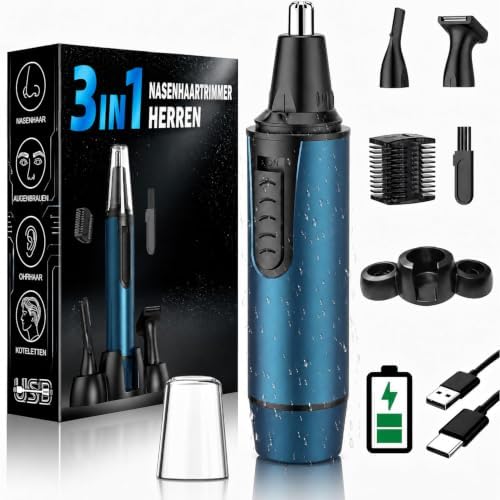 Nasenhaartrimmer Herren, USB Wiederaufladbar Nasenhaarschneider 3 in 1 Set Ohrhaarschneider mit Doppelschneideklingen, Schmerzfreier Augenbrauen und esichtshaartrimmer für Männer u