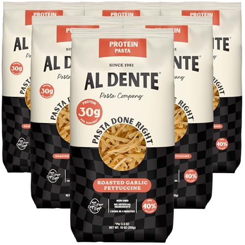 Al Dente Protein Pasta Roasted Garlic Fettuccine – 30g High Protein, Lower Carb, High Fiber. Artisanal Flavor: Cage-Free Eggs & Semolina. Keto and Point-Based Diet-Friendly. 10oz Bags (Pack of 6)