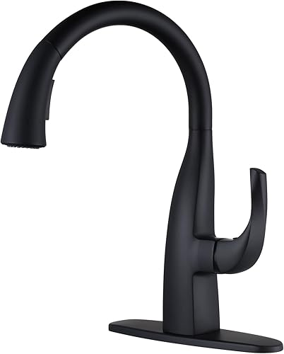 Miniatura 1 de WOWOW Grifos de cocina, grifo de cocina negro con rociador extraíble, elegante grifo de cuello de cisne de un solo mango, 1 o 3 agujeros, grifos de
