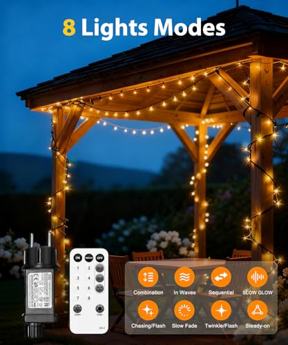 LED Lichterkette Außen 20M 200LED Warmweiß, Strombetrieben mit Stecker, 8 Modi & Timer mit Fernbedienung und Speicherfunktion, IP44 Wasserdicht für Innen Außen Garten Balkon Hochzeit Weihnachten Party