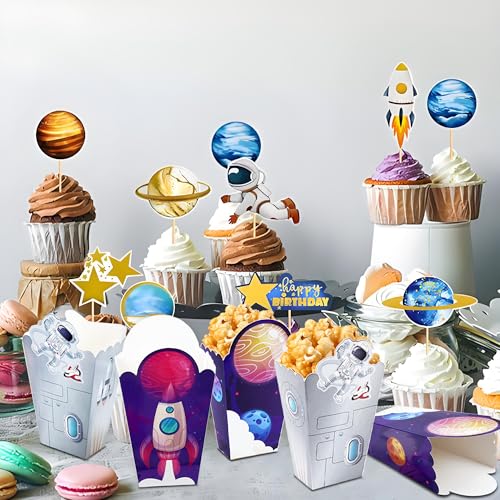 Image of 24Pcs Outer Space Themed Paper Popcorn Treat Boxes Candy Cookie Container for Astronaut Galaxy Birthday Party Supplies