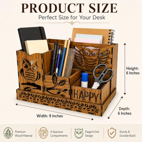 Image of Zesta Wooden Desk Organizer Pen Stand Remote Holder Card Slot | Table Accessory Office Desk Study Room | Pencil Storage Stand Stylish Workspace Decor (Nainteek, Owl Organiser)