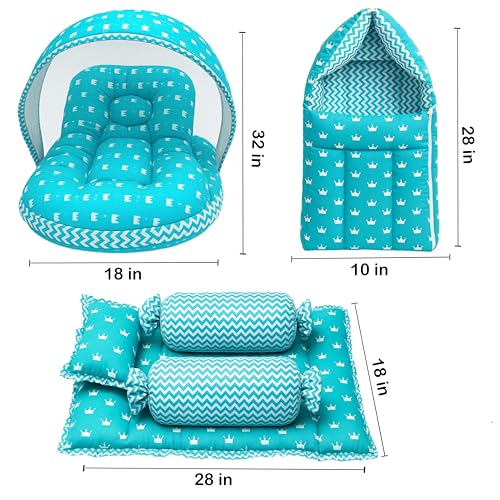 Image of Fareto Combo of Baby Bed with Net | Carry Bag | 4 Pcs Bedding Set (0-6 Months, Baby Size, Cotton) (Crown Blue)