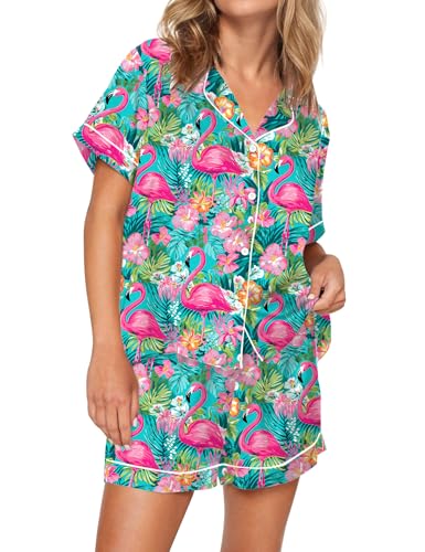 Image of SHESHOW Satin Pajamas for Women Set Preppy Animals Pjs Short Sleeve Shorts 2 Piece Loungewear Sets XS-XXL