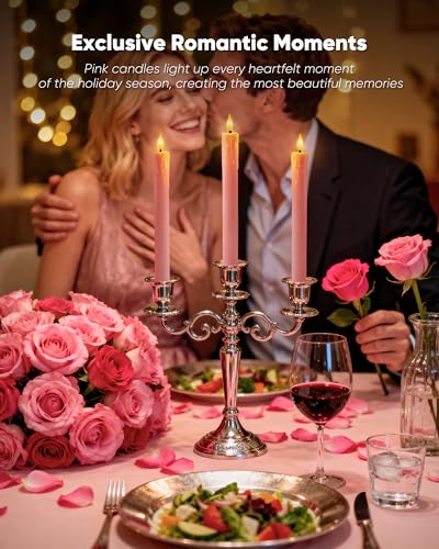 Image of Homemory 3 Pcs Waxy Pink Flameless Taper Candles with Remote Timer, LED Fake Candlesticks, 9.6 Inches Battery Tall Candle with 3D Flickering Flame for Wedding, Dinner, Christmas Anniversary Decor
