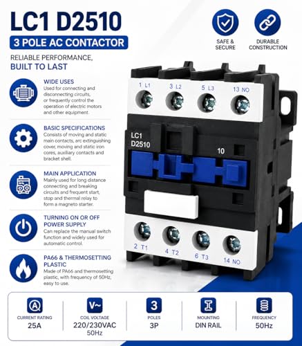 Image of SANAVYA 25A (2510) 220 /230VAC, 50Hz Coil, 1NO 1NC, 3 Pole Power Contactor Switch, Thermosetting Plastic DIN Rail Contactors for Electrical ON /Off