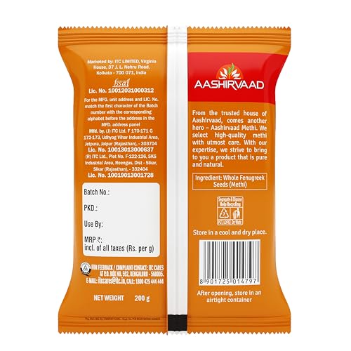 Image of Aashirvaad Methi Whole Spice, Big & Full-Sized Seeds, 100% Pure, Dust Free & Hygienically Packed, 200g Pack